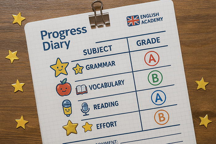 Дневник прогресса ученика с наклейками и оценками